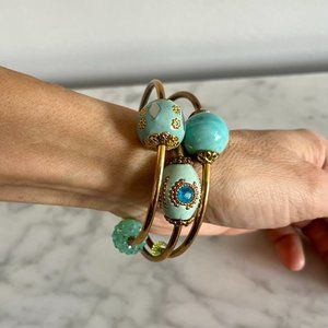 Wrap around gold bracelet with turquoise/gold filigree bauble beads